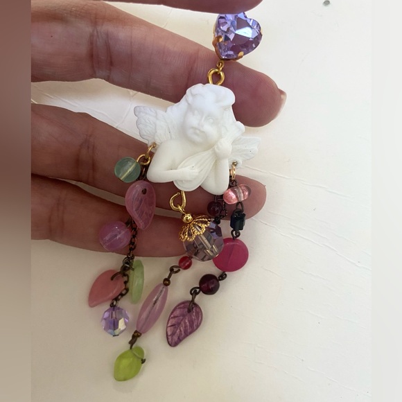 Charming long purple bohemian Opal cherub Cupid love valentines earrings gypsy - Picture 2 of 3